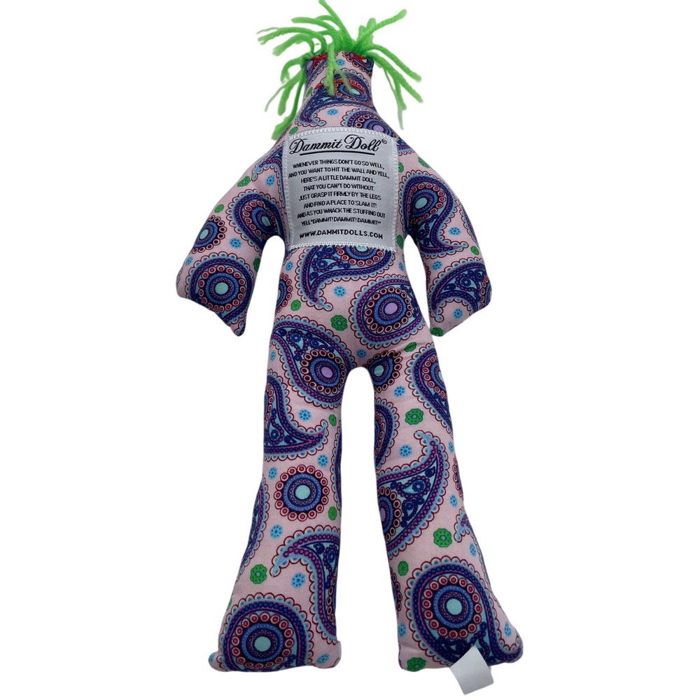 Dammit Doll Pink Paisley Stress Relief Plush Gag Gift Green‎ Hair 12"
